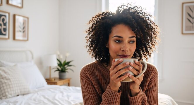 A curly-haired woman in a sweater drinks a drink in a bright bedroom. - Powered by Adobe