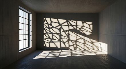 Concrete room interior bathed in patterned sunlight streaming from a large window creating geometric shadows on the wall