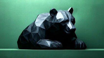 Black geometric bear sculpture on green background