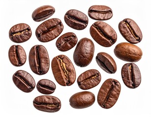 Roasted, brown coffee beans scattered