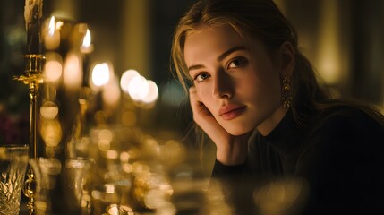 Beautiful Woman Gazing Thoughtfully by Candlelight in a Dimly Lit Room.