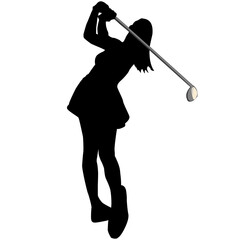 A silhouette of a woman swinging a golf 