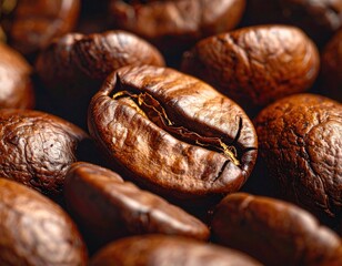Roasted brown coffee beans, close-up, textured surface