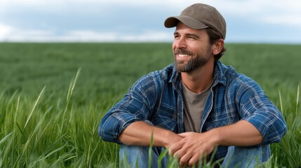 Professional rural landscape featuring smiling farmer in lush green field with clear sky, showcasing outdoor farming lifestyle, natural environment, and agricultural scenery