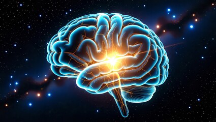 Glowing brain neural pathways starry space