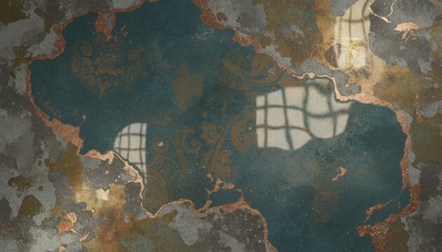 Close-up view of a weathered wall with a map-like pattern and reflections of windows.