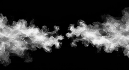 Thick, swirling, dynamic white smoke texture dissipating slowly across a deep black void, creating a mystical and atmospheric abstract backdrop, dramatic, haze, plume