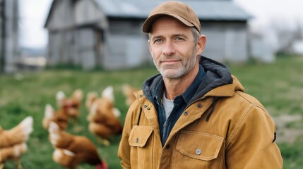 Professional rural farmer working outdoors on a farm with chickens, livestock, and traditional farming equipment in a peaceful countryside landscape