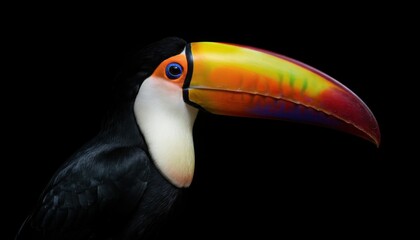 Fototapeta premium A close-up photograph of a toucan bird with a large, colorful beak against a black background.