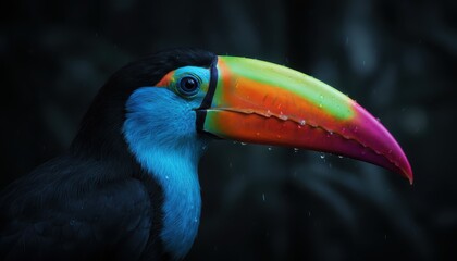 Fototapeta premium Close-up shot of a vibrant toucan bird with a colorful beak, showcasing its detailed features.