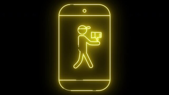 Illuminated yellow neon outlines a phone with a delivery person icon set against a dark background