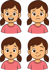 Cartoon Girl with Four Emotional Expressions