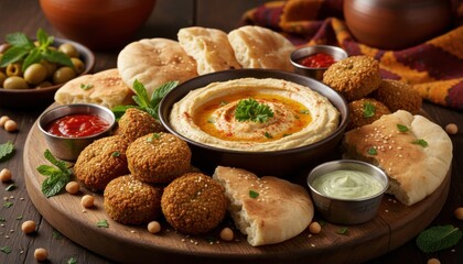 A delicious platter of hummus, falafel, pita bread, and various sauces, ready to eat.
