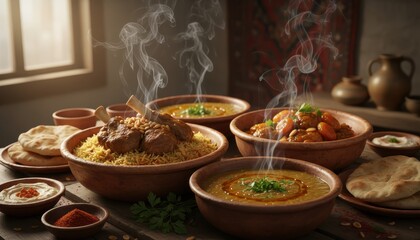 A beautifully arranged table showcasing a variety of delicious Middle Eastern dishes.