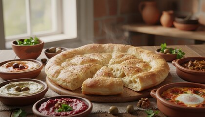 A delicious spread of Middle Eastern food, featuring pita bread and various dips.