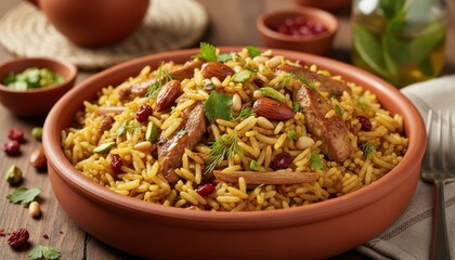 A close-up shot of a delicious and flavorful rice dish with meat and nuts.