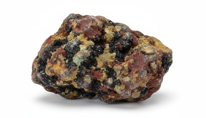 Close-up of a colorful, textured rock formation with various mineral compositions.