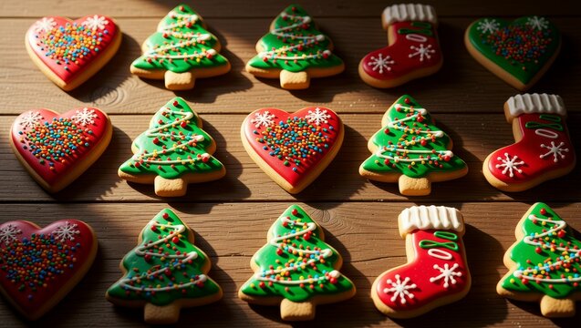 Christmas cookies on wooden table with sprinkles - Powered by Adobe