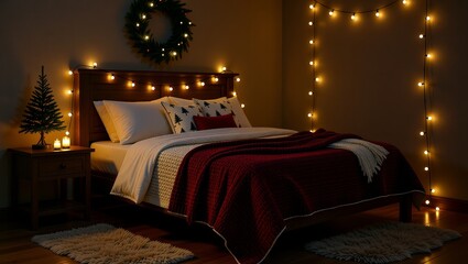 Cozy bedroom with festive string lights and Christmas tree