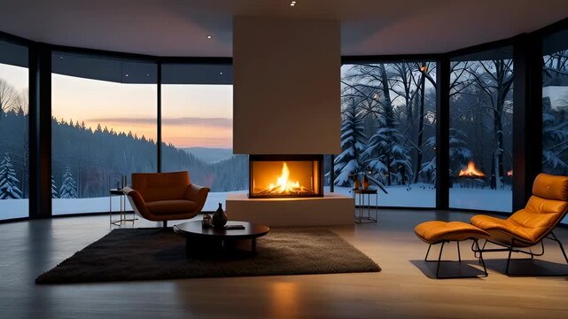 Luxury Winter Sunset Modern Fireplace in Minimalist Living Room with Panoramic Snow View