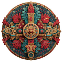 Naklejka premium Intricate Aztec calendar stone artifact with red. teal. and gold ornamental details. 3D render iso