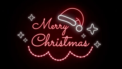 Neon Merry Christmas Sign with Santa Hat and Sparkles on Black Background Holiday Animation - Powered by Adobe