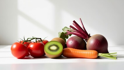 Fresh tomatoes kiwi carrot beets on white surface