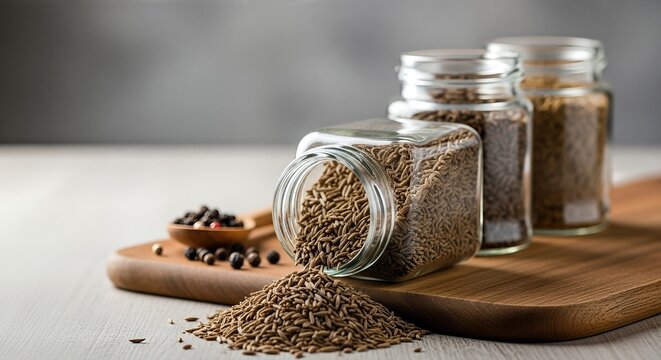 Glass jars filled with various spices, including cumin and pepper, are artistically arranged on a wooden board, showcasing vibrant textures and colors in a culinary setting