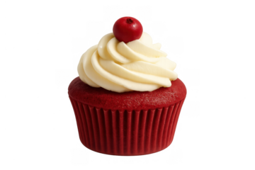 Red velvet cupcake with cream cheese frosting and cherry on top, delicious isolated dessert transparent background