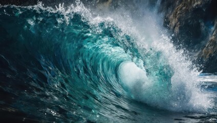 Fototapeta premium Ocean wave cresting, turquoise water, powerful, dynamic, natures beauty, close-up view.