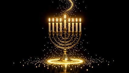 Hanukkah menorah with lit candles and golden sparkles