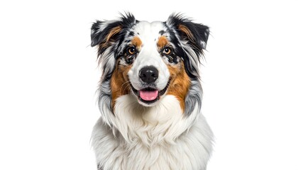 Fototapeta premium A headshot of a friendly, medium-sized, multicolored canine, with pricked ears and a happy expression, isolated on white