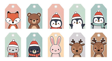 Set of adorable winter animal gift tags for the holiday season, featuring a cartoon fox, bear, penguin, and reindeer in Santa hats