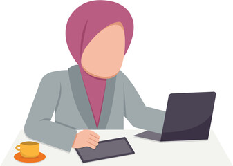 Muslim Woman Working At Desk Illustration