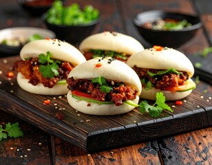 Four filled bao buns on wooden board