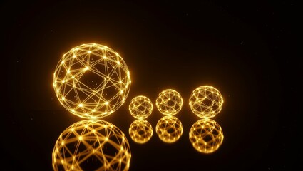 Glowing wireframe spheres with reflections on dark surface