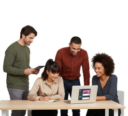 Diverse team collaboratively working on a project with a laptop in the office space with a