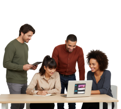 Diverse team collaboratively working on a project with a laptop in the office space with a