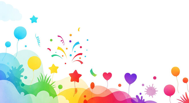 A vibrant, celebratory illustration with colorful balloons, stars, and confetti floating over rainbow-hued hills against a white sky. Perfect for birthdays or festive events. with copy space on white  - Powered by Adobe