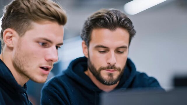 Focused teamwork software developer code review pair programming office collaboration mentoring laptop technology startup energy focused developers collaborating teamwork coding office laptop modern