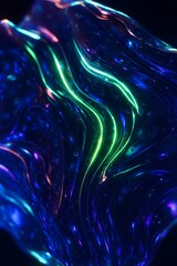 Abstract swirling neon green and blue light trails on dark background