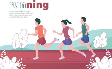 Two men and one woman are jogging for exercise. Simple design.