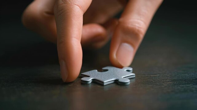 Puzzle piece hand finger connection teamwork focus strategy problem solution success, gentle light turns problem into progress as single jigsaw piece nears fit dark wood, calm focus where strategy