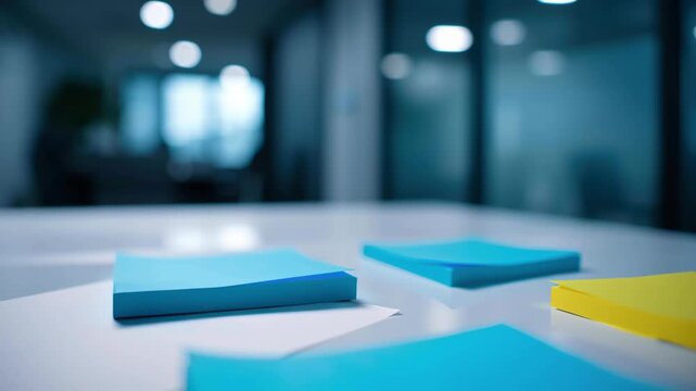 Sticky note blue yellow paper stack office desk for meeting planning workflow, brainstorming strategy and teamwork session modern office organization, productivity solution, problem solving focus