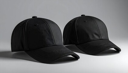 Two black baseball caps on a neutral background, minimalist style.