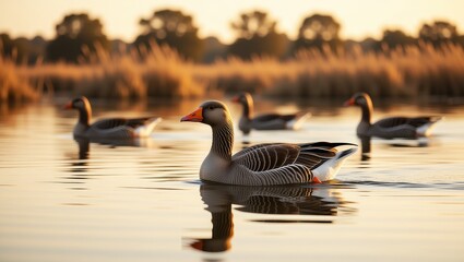 Geese swimming in calm lake at sunset