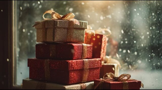 Stacked gift boxes winter scene
