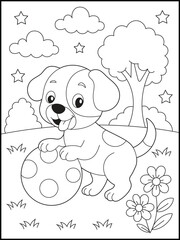 A Happy Puppy Playing with a Big Ball. Children’s Coloring Page. Cute Animal Worksheet for Kids