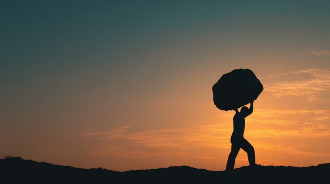 Silhouette of a person carrying a large rock above their head against a colorful sunset sky