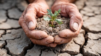 Wrinkled hands cradle a small green seedling emerging from dry soil cracked and arid